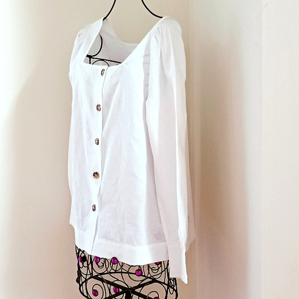 NEW SAKS FIFTH AVENUE Exclusivity Linen Blend Blouse Shirt Squareneck sz S White - Picture 10 of 15